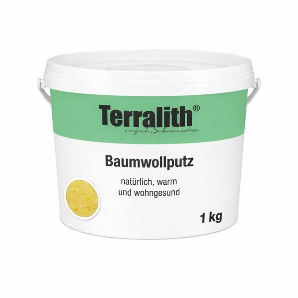 Gelber Terralith Baumwollputz im 1 Kilogramm Eimer, natürliche und warme Wandbeschichtung für gesundes Wohnen.