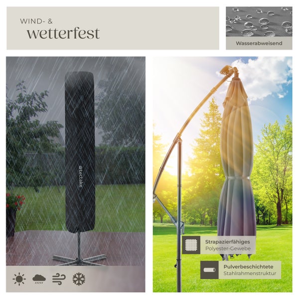 Sonnenschirm tectake Sunna wasserabweisend, inkl. Windsicherung und Schutzhülle 250 x 250 cm mit LED Solar-Beleuchtung hellgrau