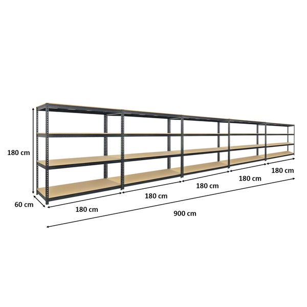 PROREGAL Mega Deal 5x Profi Schwerlastregal Bison HxBxT 200 x 200 x 60 cm 4 Fachböden Fachlast 600 kg Schwarz