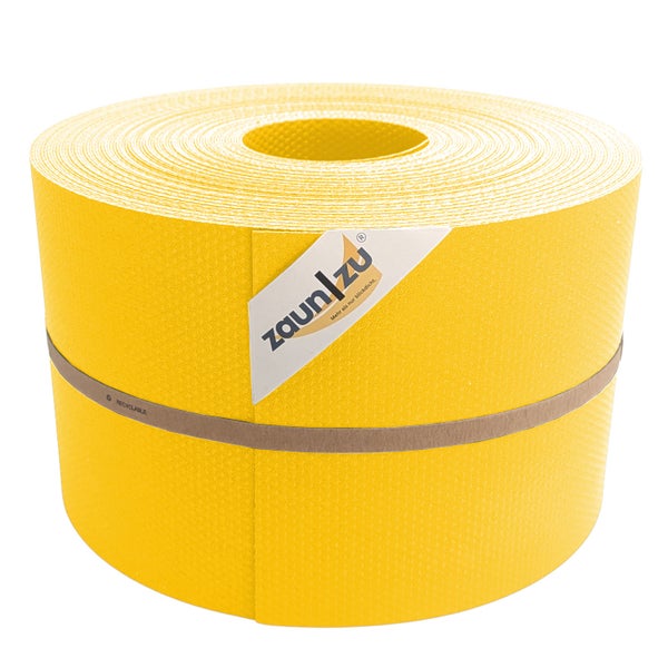 Eine Rolle Zaunblende aus Kunststoff für Sichtschutz an Zäunen mit dem Zaun zu Logo.