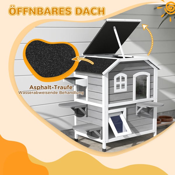 Katzenhaus aus Holz mit Asphalt-Traufe und aufklappbarem Dach