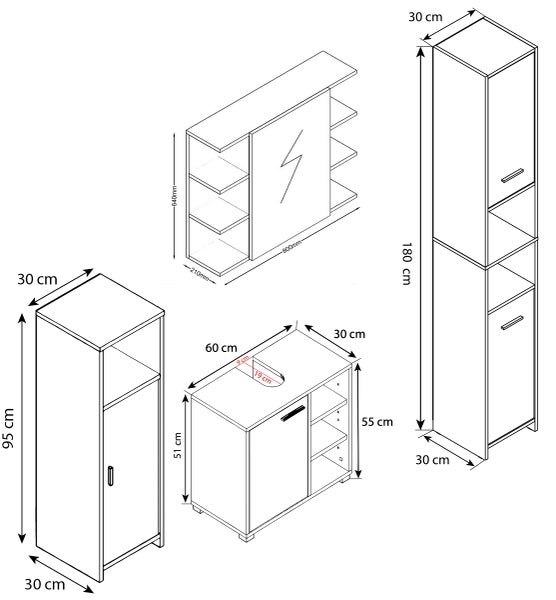 4-tlg. Komplett Badmöbel Badschrank Set Zalo I