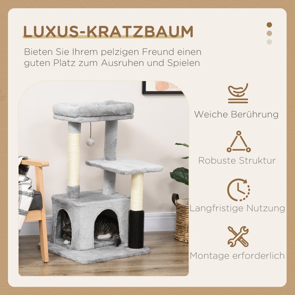 PawHut Kratzbaum Katzenbaum mit Massageecke Katzenhöhle Spielball Katzenkratzbaum Sisalseil-Kratzstangen Hellgrau 48 x 48 x 85 cm