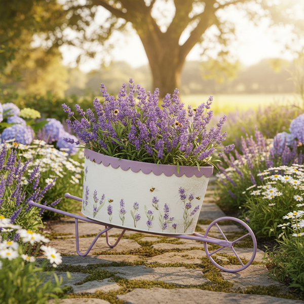 Dekorativer Pflanzkübel in Form einer Schubkarre aus Metall mit Lavendelmuster, bepflanzt mit Lavendel in einem hellen, sonnigen Garten.