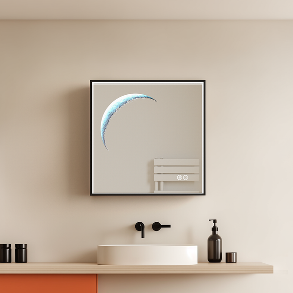 EMKE LED Badspiegel 50x50 cm, dekoratives Mond-Design, dimmbare Beleuchtung, Anti-Beschlag, schwarzer Rahmen, IP44, zur Wandmontage, für Badezimmer & Schlafzimmer geeignet