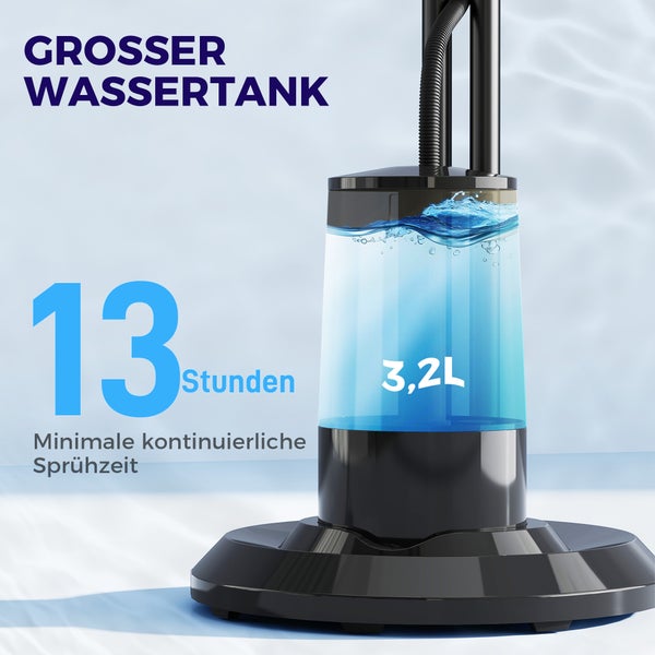Großer Wassertank mit 3,2 Liter Fassungsvermögen und einer minimalen kontinuierlichen Sprühzeit von 13 Stunden.