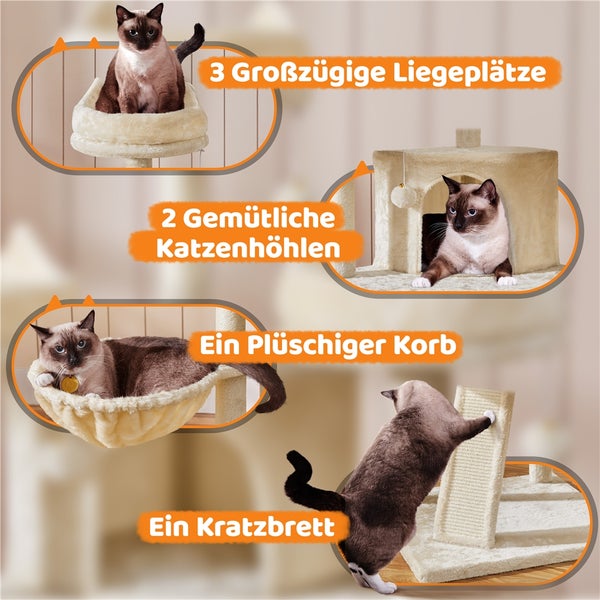 Katzenkratzbaum mit Liegeflächen, Katzenhöhlen, Korb und Kratzbrett