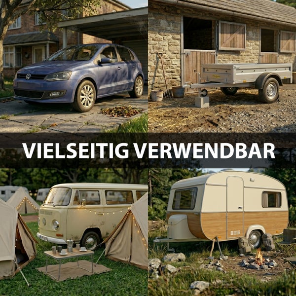 Vier Bilder zeigen verschiedene Einsatzmöglichkeiten für Anhänger und Freizeitfahrzeuge im Garten und beim Camping mit Text Vielseitig verwendbar.