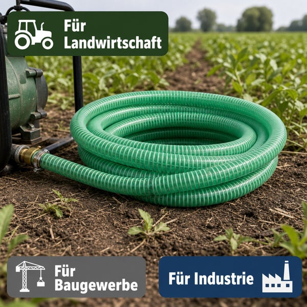 Ein aufgerollter Saugschlauch in einem landwirtschaftlichen Feld, angeschlossen an eine Wasserpumpe, geeignet für Landwirtschaft, Bau und Industrie.