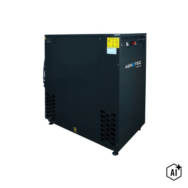 Aerotec Medical Kompressor in einem schallisolierten Gehäuse mit Manometer und Steuerungselementen für medizinische Anwendungen.