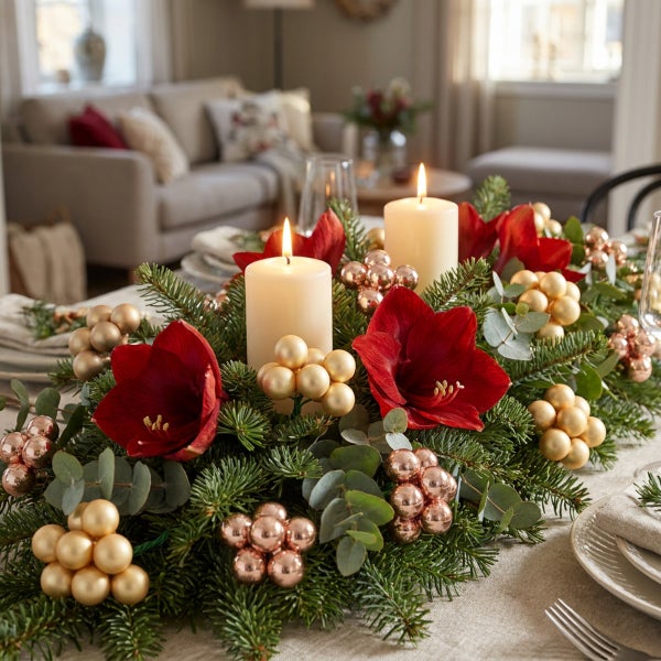 Weihnachtliche Tischdekoration mit Amaryllis, Tannenbaumzweigen, Eukalyptus, Stumpenkerzen und Dekokugeln in einem Wohnzimmer.