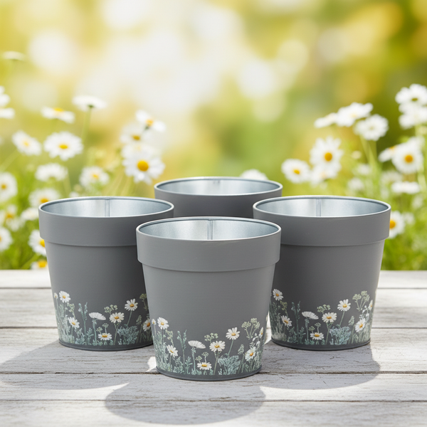 Grauer Zink-Blumenübertopf mit Gänseblümchen-Muster in einer Hand gehalten.