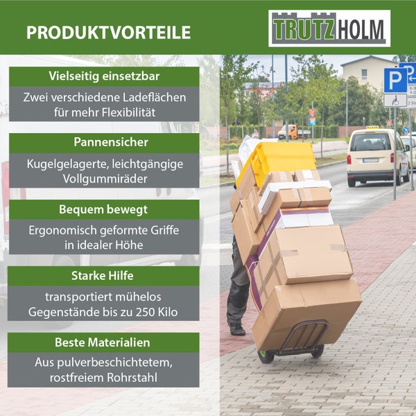 Produktvorteile der Trutzholm Sackkarre mit Informationen zu Belastbarkeit, Material, Bereifung und Ergonomie für den Transport von Gegenständen.