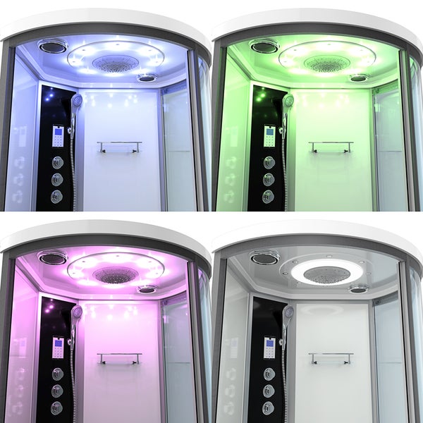 Komplettdusche mit Dampfbadfunktion, Regendusche, Handbrause, Glasablage und integrierter LED-Beleuchtung in verschiedenen Farben.