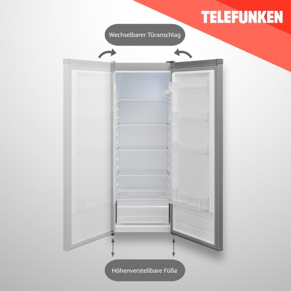 Telefunken Kühlschrank mit wechselbarem Türanschlag und höhenverstellbaren Füßen.