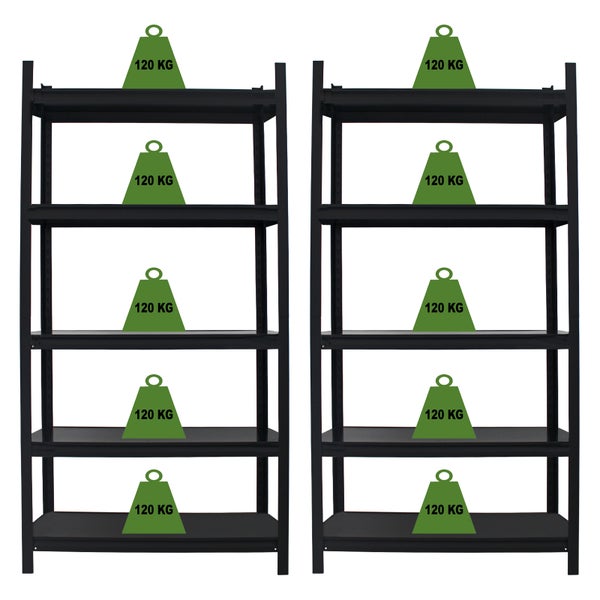 Zwei schwarze Regale mit fünf Fächern, von denen jedes mit einem Gewicht von 120 Kilogramm belastet ist.