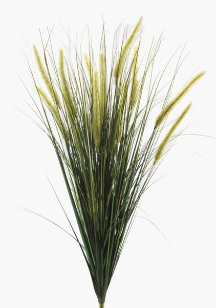 Künstliche Zimmerpflanze mit langen grünen Blättern im schwarzen Topf.