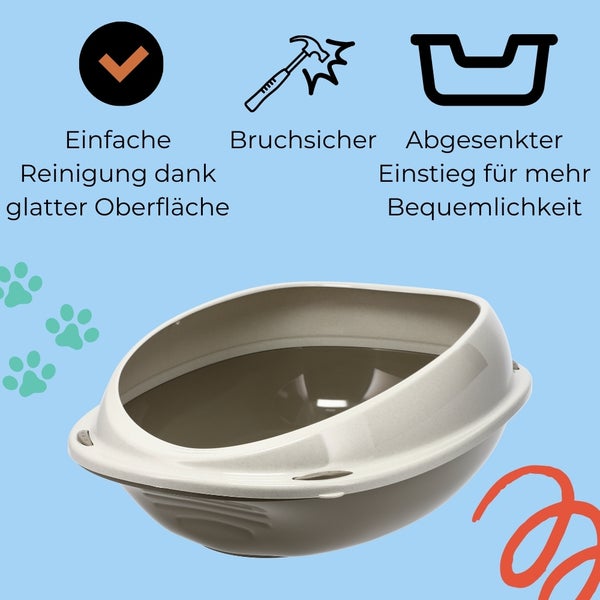 GarPet Katzenklo ohne Deckel Katzentoilette mit Rand Katzen WC Schalentoilette 57x40x19 cm grau oval hygenisch