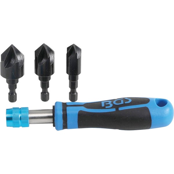 BGS Handsenker-Satz mit 3 schwarzen Senker-Bits und blau-schwarzem ergonomischem Handgriff mit BGS Logo.
