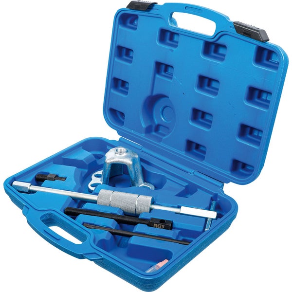 Werkzeugsatz zur Demontage von Traggelenken in einem blauen Werkzeugkoffer
