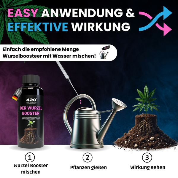 Anwendungshinweise für 420 Flow Wurzelbooster mit drei Schritten: Mischen, Gießen und Ergebnis an einer Pflanze mit sichtbaren Wurzeln.