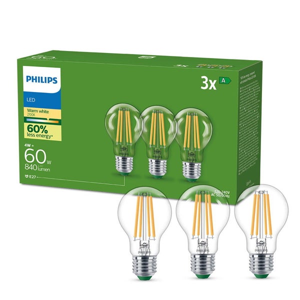 Philips Ultra Efficient LED Filament Lampe E27 Birne - A60 4W 640lm 2700K Dreierpack