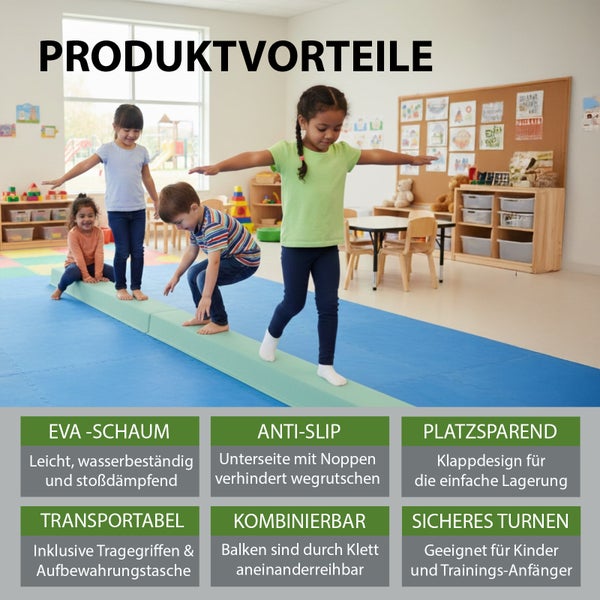 Kinder turnen auf einem grünen Schwebebalken aus EVA-Schaum. Produktvorteile: rutschfest, klappbar, transportabel und kombinierbar.