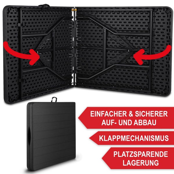 Klappbarer Tisch mit robustem Klappmechanismus für platzsparende Lagerung und einfachen Auf- und Abbau.