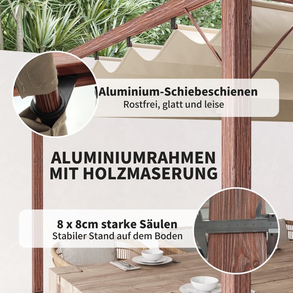 Outsunny Pergola ca. 3x4m Garten Pavillon mit magnetischen Pad, Terrassendachung aus Aluminium, Gartenpavillon mit verstellbares Dach, Freistehend, UV Schutz 30+, für Terrasse und Garten, Naturholz