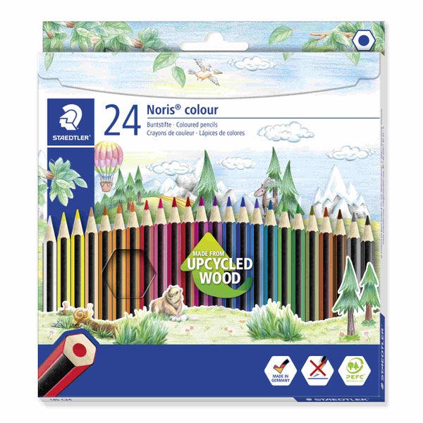 Staedtler Noris colour Buntstifte Set mit 24 Farben aus upgecyceltem Holz, Made in Germany.
