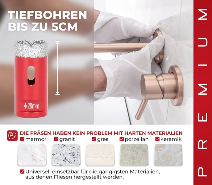 PROREGAL Diamant Bohrkronenaufsatz Premium Crystal 28 mm für Fliesen Glas Feinsteinzeug Keramik Granit Steinfliesen Winkelschleifer Flex M14