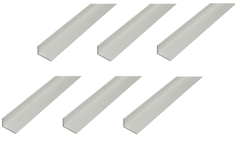 Sechs gleich lange Aluminium Winkelprofile für den Bau und die Montage.
