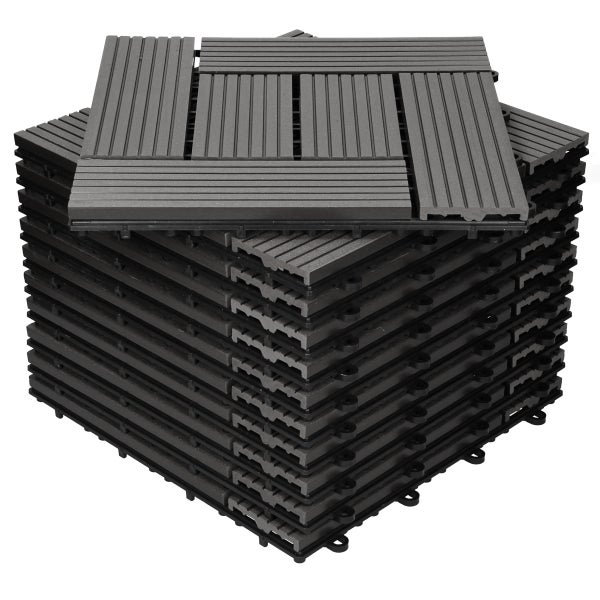 ECD Germany WPC Terrassenfliesen 30x30cm 22er Spar Set für 2m² Anthrazit Mosaik Holzoptik für Garten Balkon Bodenbelag mit Drainage Klicksystem Terrassendielen Balkonfliesen Klickfliesen Holzfliesen