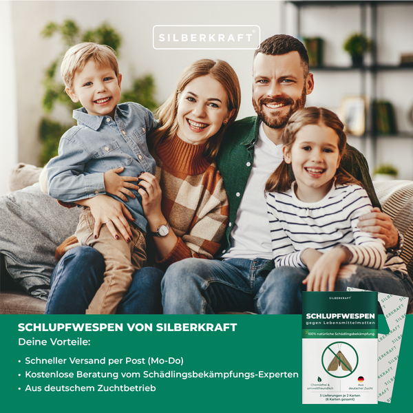 Schlupfwespen gegen Lebensmittelmotten 3 Lieferungen je 10 Karten (30 Karten gesamt)