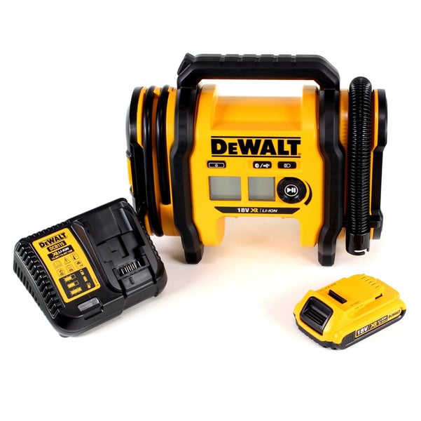 DeWalt Akku-Kompressor Set bestehend aus Akku-Luftpumpe, 18 Volt Akku und Ladegerät.