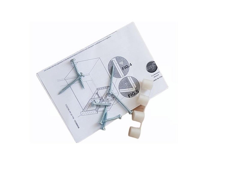 Montageset mit Metallschrauben, Kunststoff-Abstandshaltern und Montageanleitung.