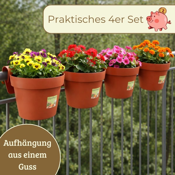 4er Set Balkonhängetöpfe aus Kunststoff, einer bepflanzt mit bunten Blumen.