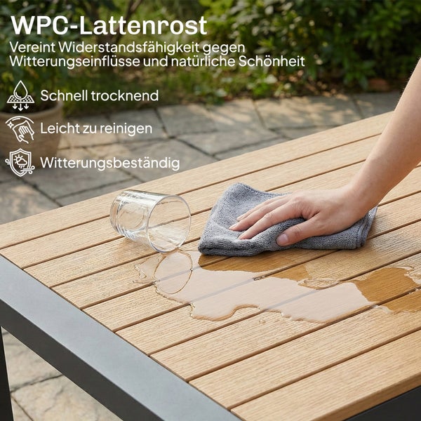 Hand wischt Wasser von einem WPC-Lattenrost ab. Symbole für schnell trocknend, leicht zu reinigen und witterungsbeständig.