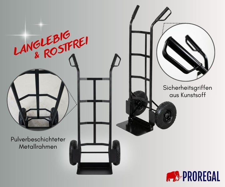 Proregal Sackkarre aus pulverbeschichtetem Metall mit Sicherheitsgriffen aus Kunststoff, langlebig und rostfrei.