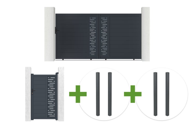 Set bestehend aus zweiflügeligem Einfahrtstor, Gehtür und vier Pfosten im modernen Design mit horizontalen Paneelen.