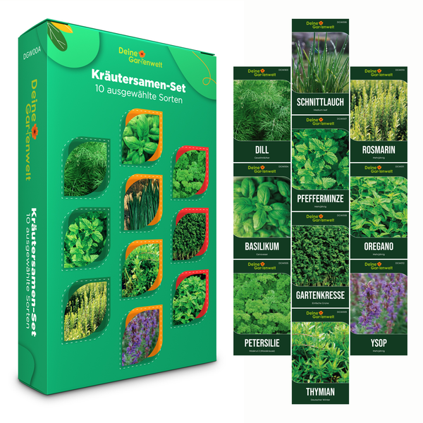Kräutersamen-Set von Deine Gartenwelt mit 10 ausgewählten Sorten wie Basilikum, Dill, Schnittlauch, Petersilie und Rosmarin.