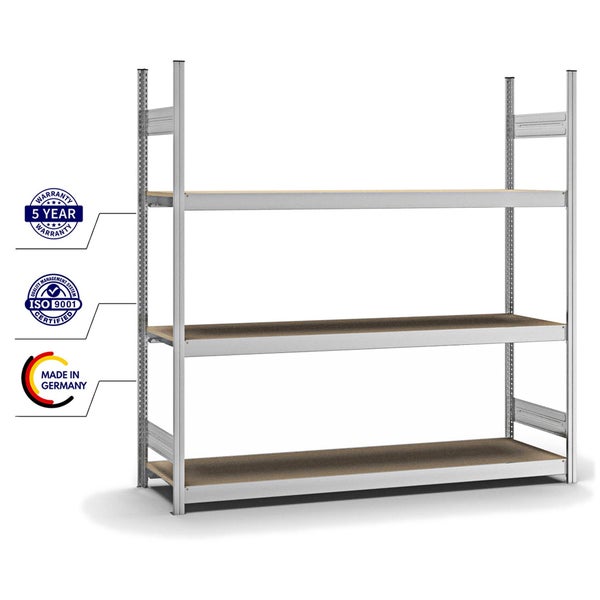 PROREGAL Weitspannregal Stecksystem T-Profil Grundregal HxBxT 200x200x50 cm 3 Ebenen Spanplatten Fachboden Fachlast 350 kg Verzinkt