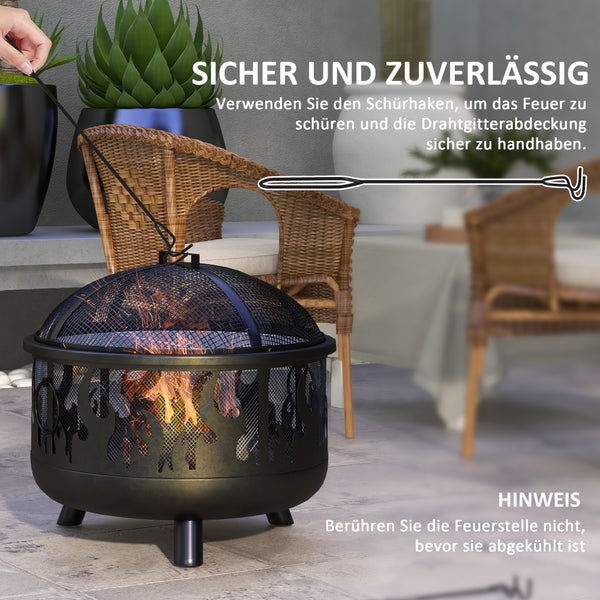 Outsunny Feuerschale Ø61 x 55cm aus Metall Feuerstelle mit Funkenschutz Schürhaken Grillrost Feuerschalen für Garten, Balkon Terrasse, BBQ Camping Schwarz