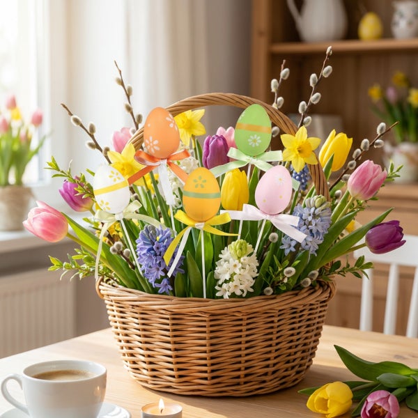 Osterkorb mit Frühlingsblumen wie Tulpen, Hyazinthen und Narzissen, dekoriert mit österlichen Eiern am Stab auf einem Tisch