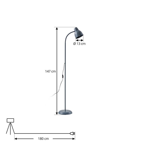 Stehlampe mit den Maßen 147 cm Höhe und 13 cm Durchmesser des Lampenkopfs