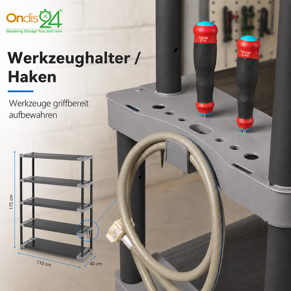 Ondis24 Logo. Kunststoffregal mit fünf Böden, Werkzeughalter und Haken. 175 mal 110 mal 40 Zentimeter.