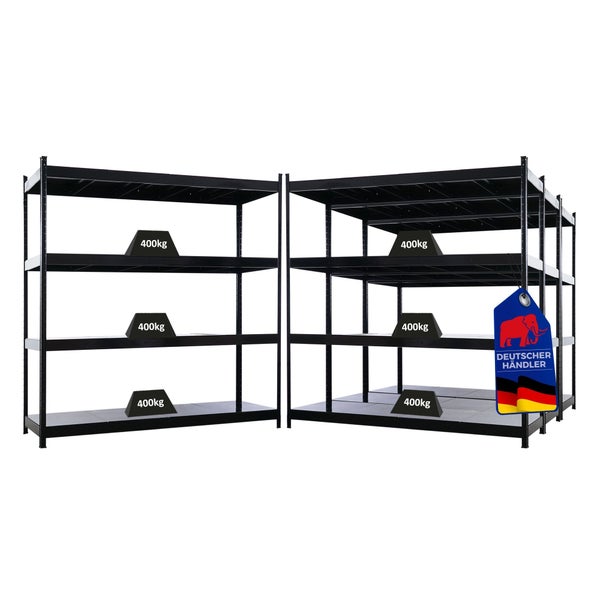 Vierteiliges Schwerlastregalsystem aus Metall in Schwarz für Werkstatt oder Garage, Person zum Größenvergleich.