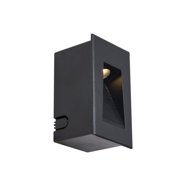 Rechteckige schwarze Außenwandleuchte mit vertiefter nach unten gerichteter Lichtquelle.