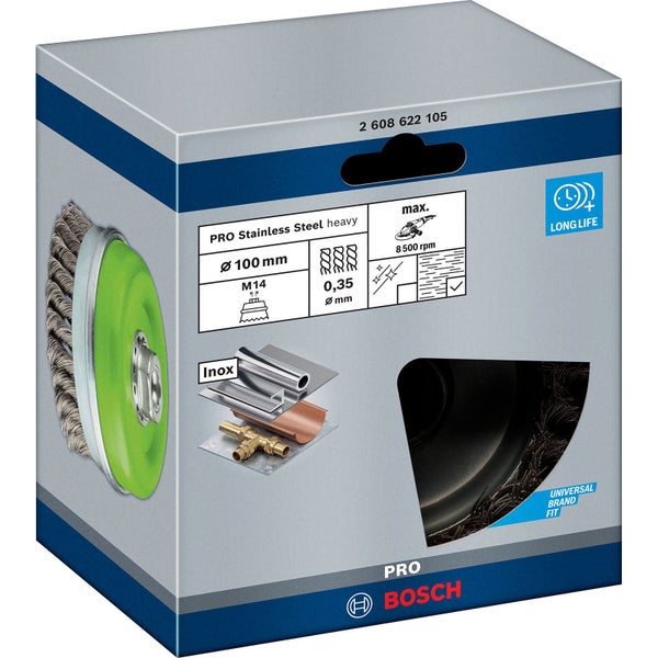 Verpackung einer Bosch Pro Drahtbürste aus Edelstahl mit 100 Millimeter Durchmesser