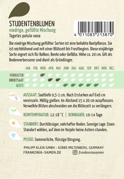 Samenpackung Studentenblumen niedrige gefüllte Mischung Tagetes patula nana